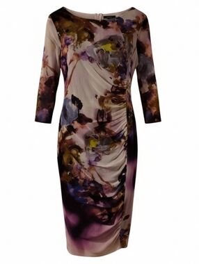 Watercolor Floral Ruched Sheath Dress - Purple Multi Sz Large Wearable Art Artsy